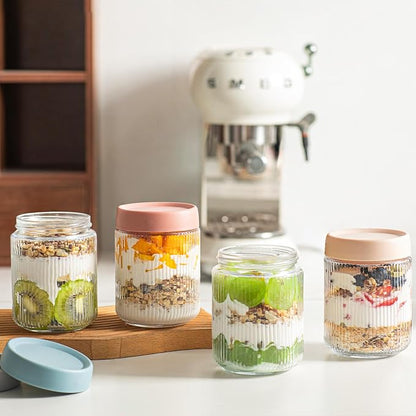 INSETLAN 16oz Glass Overnight Oats Containers with Lids – 6 Pack, Ribbed Glass Mason Jars for Meal Prep, Glass Food Storage Containers for Chia Pudding, Yogurt, Snacks, Fruit & Vegetables, Milk