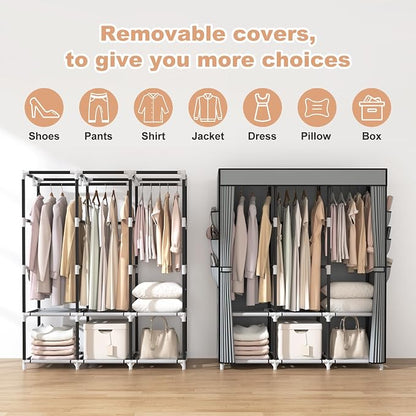 VTRIN Portable Closet Wardrobe for Hanging Clothes Closet with Cover, 3 Hanging rods, 6 Storage Shelves and Side Pocket, Diameter 19mm Metal Pipe, Sturdy Free Standing Closet for Bedroom