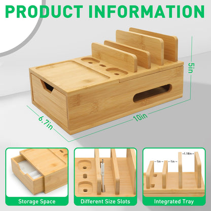 Bamboo Charging Station for Multiple Devices, Desktop Wood Charger Organizer with Drawer & Tray -Included 6 Cables, Compatible with Multi Devices, Cell Phone, Tablet, Earphones (No USB Charger)