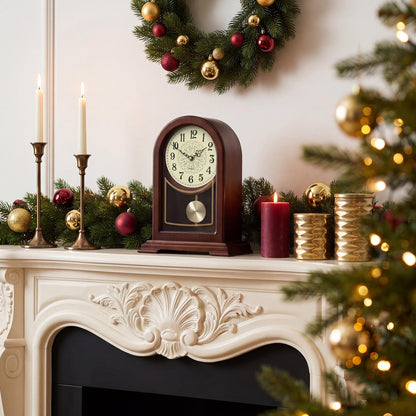 Tondiamo Brown Wooden Mantel Clock with Hourly Chime Swinging Round Pendulum Silent Quartz Desk Clocks Table Clock for Living Room Decor Above Fireplace Shelf Office, Battery Operated