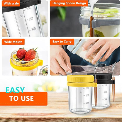 Overnight Oats Containers with lids and spoon Set of 2 Jars 12oz Airtight Container with Measurement Marks, Reusable On The Go Cups for Cereal Yogurt, Milk, Salads, Fruit(White)