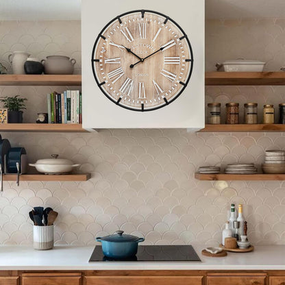 MICWIC 24 Inch Grand Farmhouse Wall Clock, Vintage-Inspired Wood & Metal Design with Large Etched Numbers, Silent Battery-Powered Timepiece for Offices, Kitchens, Bedrooms, and Living Rooms