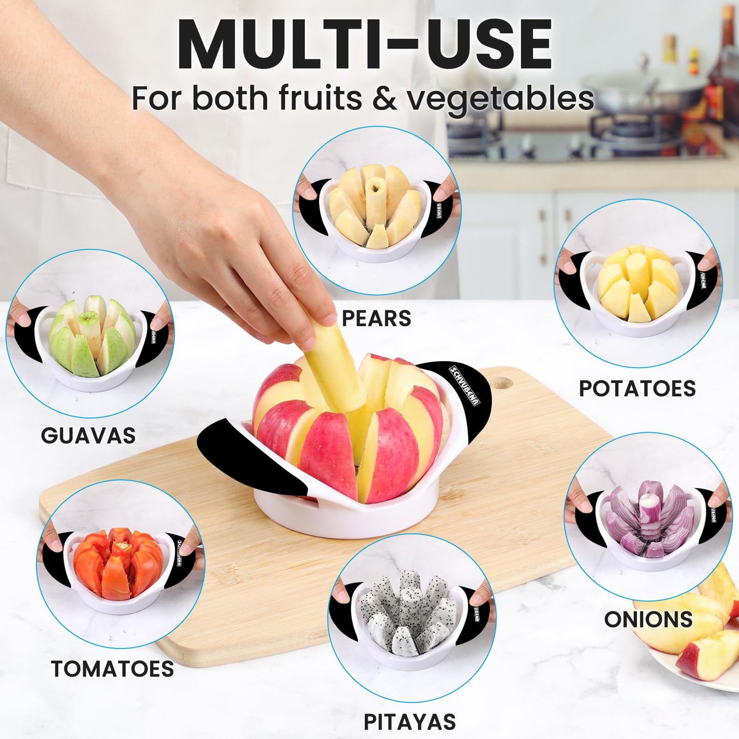 SCHVUBENR 3.5 Inch Apple Slicer - Professional Apple Cutter - Stainless Steel Apple Corer - Super Sharp Apple Slicer and Corer - Apple Tool with 8 Sharp Blades(Black)