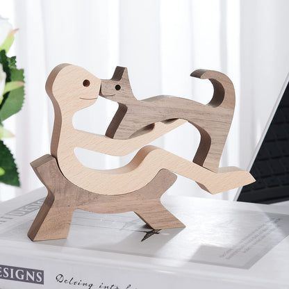 KINGNOW Animal Decor Wooden Statue Man and Cat Figurines Decor Carved Wood Decorative Sculpture
