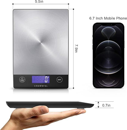 CROWNFUL Food Scale, 33lb Rechargeable 304 Stainless Steel Digital Kitchen Scale Weight Grams and Ounces with LCD Display and Type-C Charging for Meal Prep, Baking and Cooking