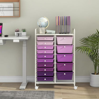 Giantex 15 Drawers Rolling Cart, Classroom Organizers, Storage Cart with Wheels, for Teacher Office Home School Supplies Tool Craft Art Paper, Purple Gradient