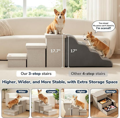 3-Step Wide Dog Stairs with Hidden Storage 18" H, Non-Slip Dog Steps for High Bed Couch Window Car, Jiont-Friendly Pet Stairs Ramp for Small/Medium/Large Old Dogs Cats Up to 220lbs, Beige