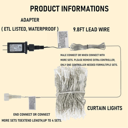 Dazzle Bright 300 LED Curtain String Lights, Connectable Waterproof, 8 Modes, Multicolor, Model CL-300CC