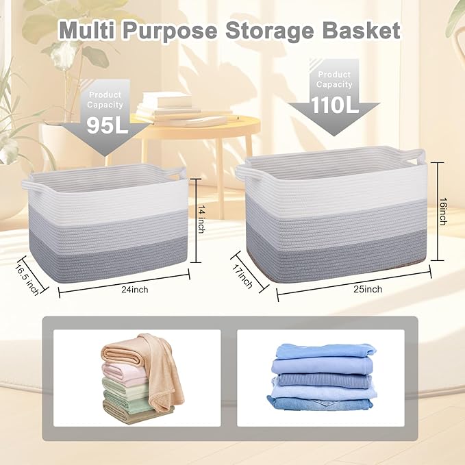 OIAHOMY Extra Large Blanket Basket, 110L Cotton Rope Woven Laundry Basket