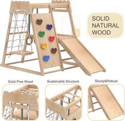 Yaofala 8-in-1 Indoor Playground, Indoor Jungle Gym for Toddlers, Kids Climbing Toys Indoor, Wooden Montessori Climber Playset with Swing, Slide, Monkey Bar, Wood Ladder, Climbing Net,Gymnastic Rings