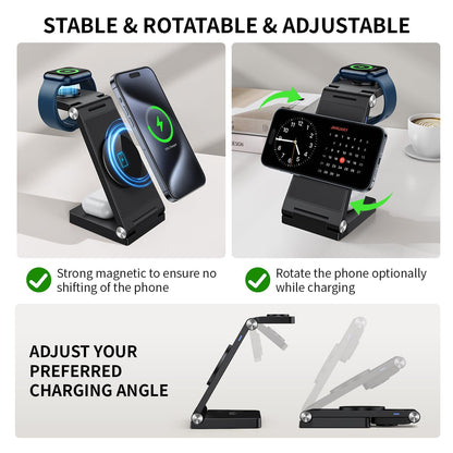 2026 Traveling Wireless Mag-Safe Fast Charging Station,Magnetic 3 in 1 Charger with Light for iPhone 17 16 15 14 13 12 Pro Max Plus,Apple Watch Series & Air pods 4 3 2 Pro-Gifts for Wife & Husband