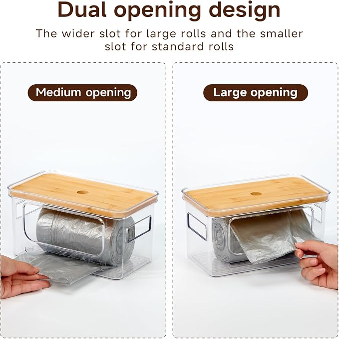 2-Pack Trash Bag Holder,Trash Bag Dispenser with Bamboo Lid, Stackable Acrylic Garbage Bag Dispenser for Under Sink Use in Kitchen, Laundry Room, and Pantry, Large Capacity Garbage Bag Holder