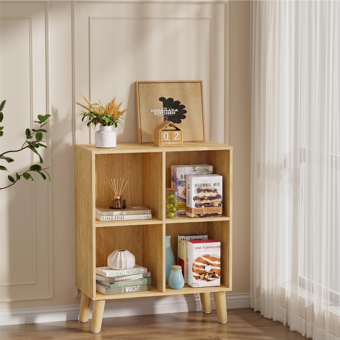 VAFHYLLIS 4 Cube Storage Organizer with Legs, 2 Tier Cube Low Bookcase Freestanding Storage Display Organizer for Home Office, Four-Cubes Open Shelf Short Bookshelf (Natural Oak, 4 Cube)