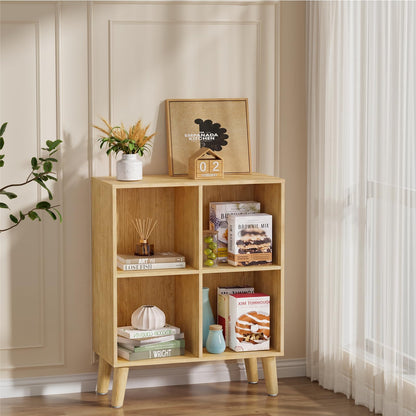 VAFHYLLIS 4 Cube Storage Organizer with Legs, 2 Tier Cube Low Bookcase Freestanding Storage Display Organizer for Home Office, Four-Cubes Open Shelf Short Bookshelf (Natural Oak, 4 Cube)