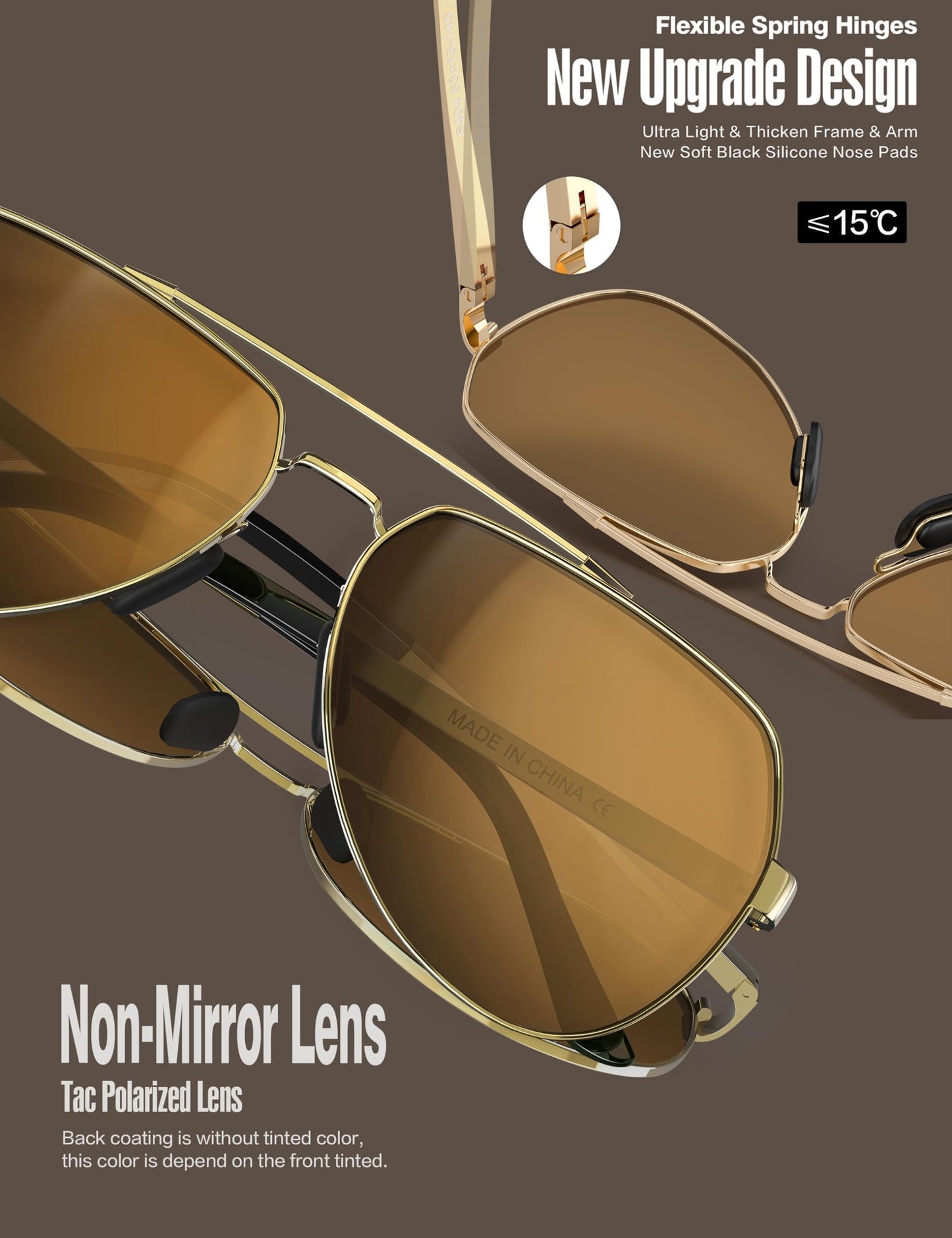 LUENX Men Women Aviator Sunglasses Polarized Shades Flexible Spring Hinge - Brown Lens Gold Metal Frame Large 60mm