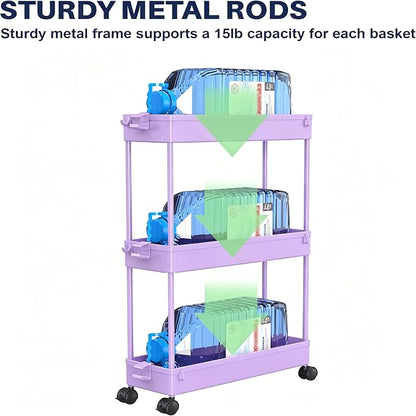 SPACELEAD Slim Storage Cart 3 Tier,Bathroom Organizer Rolling Utility,Mobile Shelving Unit Slide Out for Office, Kitchen, Laundry Room & Narrow Places,Purple
