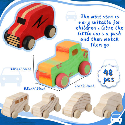 Wettarn 48 Pcs Wood DIY Car Toys, Unfinished Wooden Cars, Paintable Wood Toys, Wooden Crafts for Students Home Activities Craft Projects Easy Woodworking