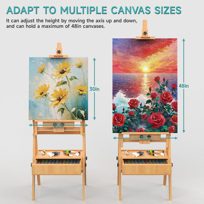 Large Wood H-Frame Easel with Storage Drawer, Foldable Art Painting Easel for Adults and Students, Adjustable Artist Easel Stand for Painting and Display, Holds Canvas Art up to 48"