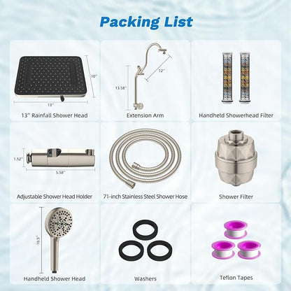 Hibbent 5-spray Dual Filtered Rainfall Shower Head Combo, High Pressure 13'' Showerhead with 10 Spray Mode Handheld, Easy Reach 4-way Diverter Arm with Pause Mode, 71'' Hose & Holder, Brushed Nickel