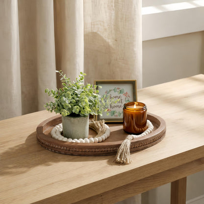 16" x 11.8" Oval Wood Decorative Tray with 58" Bead Garland, Farmhouse Coffee Table & Kitchen Island Décor, Rustic Brown Entryway Console Tray for Styling, Candles & Small Items