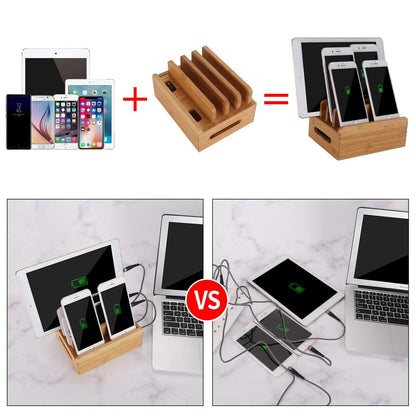Bamboo Wood Multi-Device Desktop Dock Station Charger Holder Charging Cradle Charge Stand Compatible for iPhone 16 15 14 13 12 11 Pro Max XS XR X iPad 3 4 Mini Pro Air Samsung Huawei Smartphones