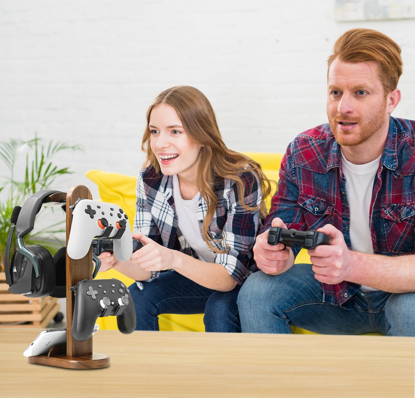 Controller Holder with Headphone Stand - Wood Gaming Controller Stand for Xbox PS5 PS4 Switch Pro, PC Gaming Accessories - Present Idea for Husband, Boyfriend, Gamers, Game Lover, Game Room Decor