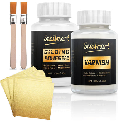 Snailmart Gold Leaf Kit, 100ml Water-Based Metal Leaf Glue and 100ml Protective Varnish, Gold Leaf Sheets 100 pcs, 2 Brushes, for Craft, Painting and Arts