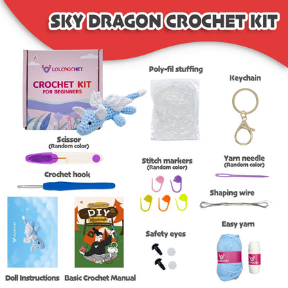 Cute Dragon Crochet Kit for Beginners, Learn to Crochet Starter Set with Step-by-Step Video Tutorial & Crocheting Manual, Easy Yarn Knitting Kit for Adult, Stuffed Animal Doll for Xmas Gift