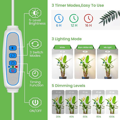 Aokrean 6.3in Grow Light, 80 LED Full Spectrum Halo Plant Lights for Indoor Growing, Height Adjustable 10"-65" Growing Lamp, Auto Timer 6/12/16Hrs, 3 Lighting Modes, Idea for Large Plant, 3 Pack