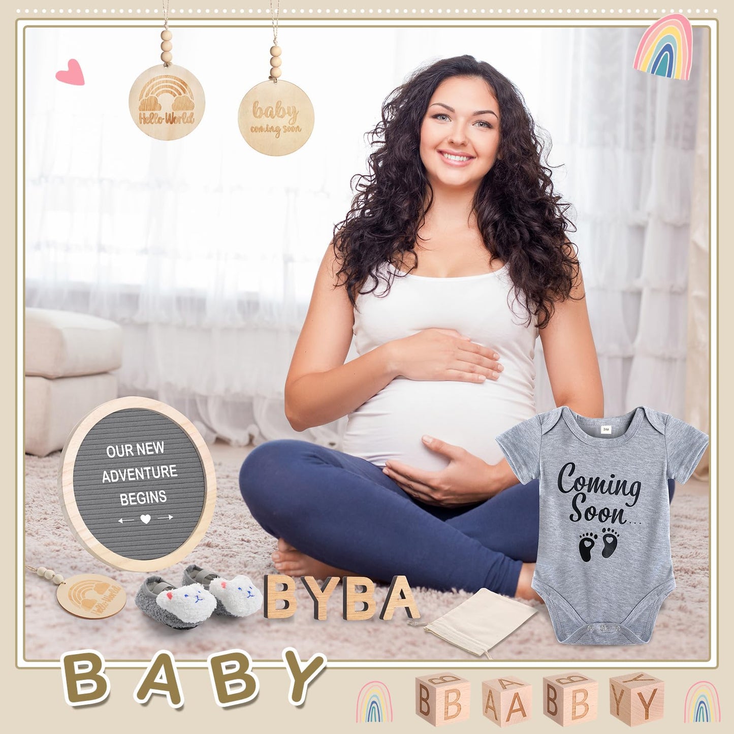 Canlierr 8 Pcs Pregnancy Announcement Set Pregnancy Reveal Ideas Include Felt Letter Round Board Kit Baby Bodysuit Booties Wood Blocks Wooden Signs for Coming Soon Baby Announcement(Gray)