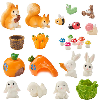 Nashibowu 24Pcs Mini Rabbits Fairy Garden Accessories DIY Kit, Miniature Garden Set with Mini Resin Animals, Tiny Bunnies, Squirrels, Mushroom Figurines, for Terrarium Micro-Landscaping Decorations