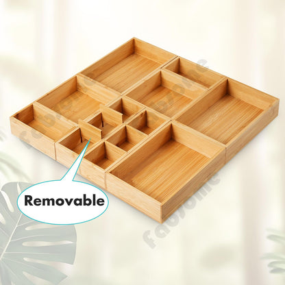 Fabsome Drawer Organizer, Set of 9 Bamboo Wood Kitchen Makeup Desk Junk Tea Drawer Storage Boxes Bins for Cutlery Silverware Utensils Flatware, Small Wooden Container Tray for Bathroom, Office