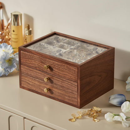 Homruilink Black Walnut Wooden Jewelry Box with Blue Floral Glass Lid for Women, large 3 Layer Drawer Organizer Box for Necklaces, Watch, Necklace, Ring, Earring Storage, Fathers Day Gift