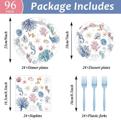 96Pcs Seashell Party Supplies Ocean Beach Birthday Plates and Napkins Blue Coastal Seashell Tableware Beach Disposable Dinnerware for Wedding Baby Shower Birthday Party Decorations for 24 Guests