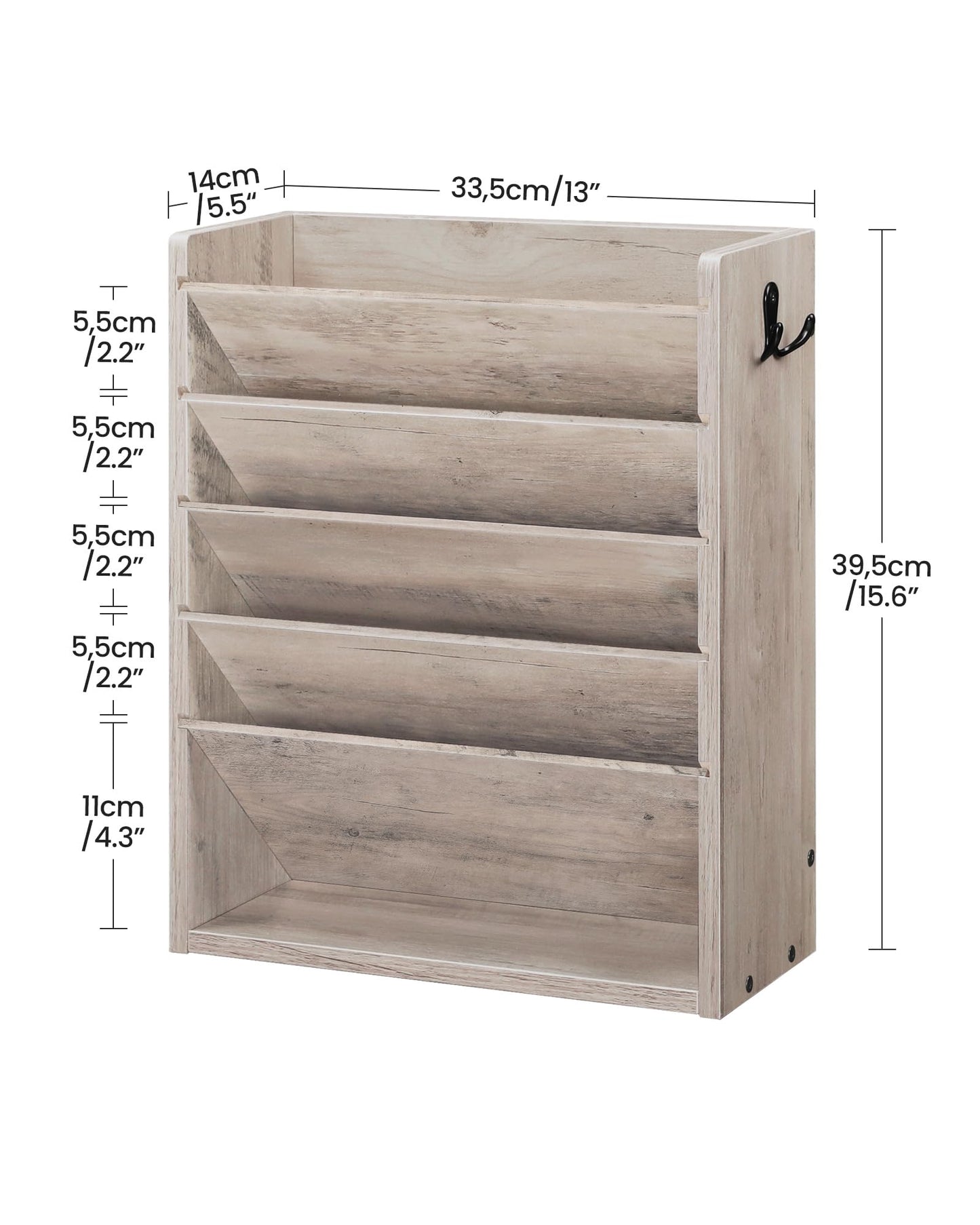 CHOEZON Wall File Organizer, 6-Tier Vertical Mount Hanging Holder with 2 Side Hooks, Modern Wooden Magazine Storage Holder with Bottom Tray, Desk Organizer, for Office, Home, Greige MWJ01FH