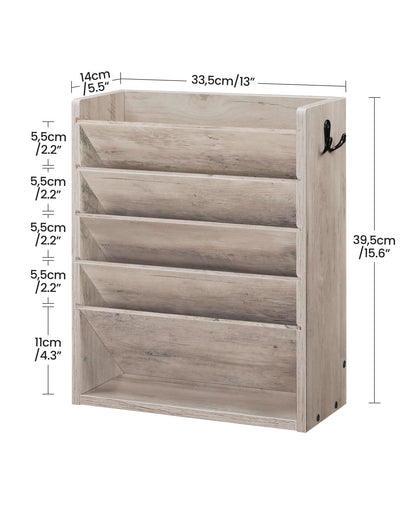 CHOEZON Wall File Organizer, 6-Tier Vertical Mount Hanging Holder with 2 Side Hooks, Modern Wooden Magazine Storage Holder with Bottom Tray, Desk Organizer, for Office, Home, Greige MWJ01FH