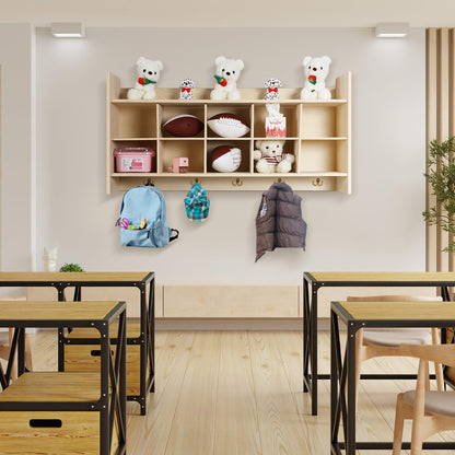 Colingmill Wall Cubbies 10 Section Hanging Cubby Storage Organizer with Coat Hooks Wooden Daycare Storage for Classroom School Kindergarten Kids Toys