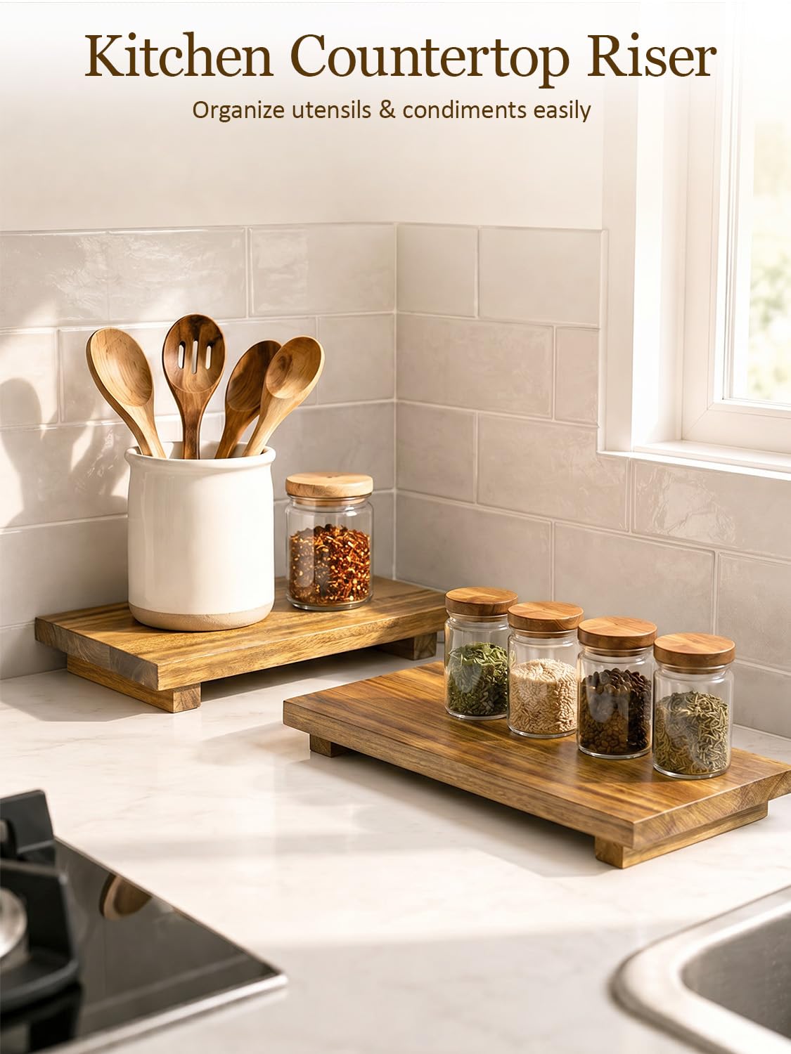 Duseu 12x7 Inch Acacia Wood Pedestal Stand, Wood Riser for Kitchen Counter, Farmhouse Wood Display Riser for Coffee Bar, Soap Dish, Plant Stand, Bathroom Organizer