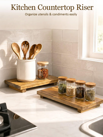Duseu 12x7 Inch Acacia Wood Pedestal Stand, Wood Riser for Kitchen Counter, Farmhouse Wood Display Riser for Coffee Bar, Soap Dish, Plant Stand, Bathroom Organizer