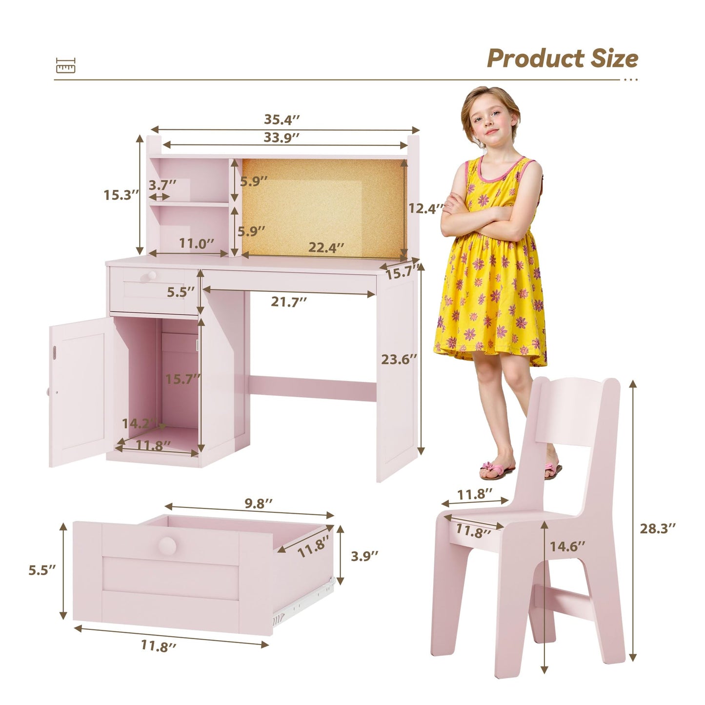 FTZxHKLX Kids Study Desk with Chair, Children Study Table and Chairs for 5-12 Years Old, Wooden Kids Desk and Chair Set with Hutch and Storage Cabinet for Bedroom, Study Room, Pink