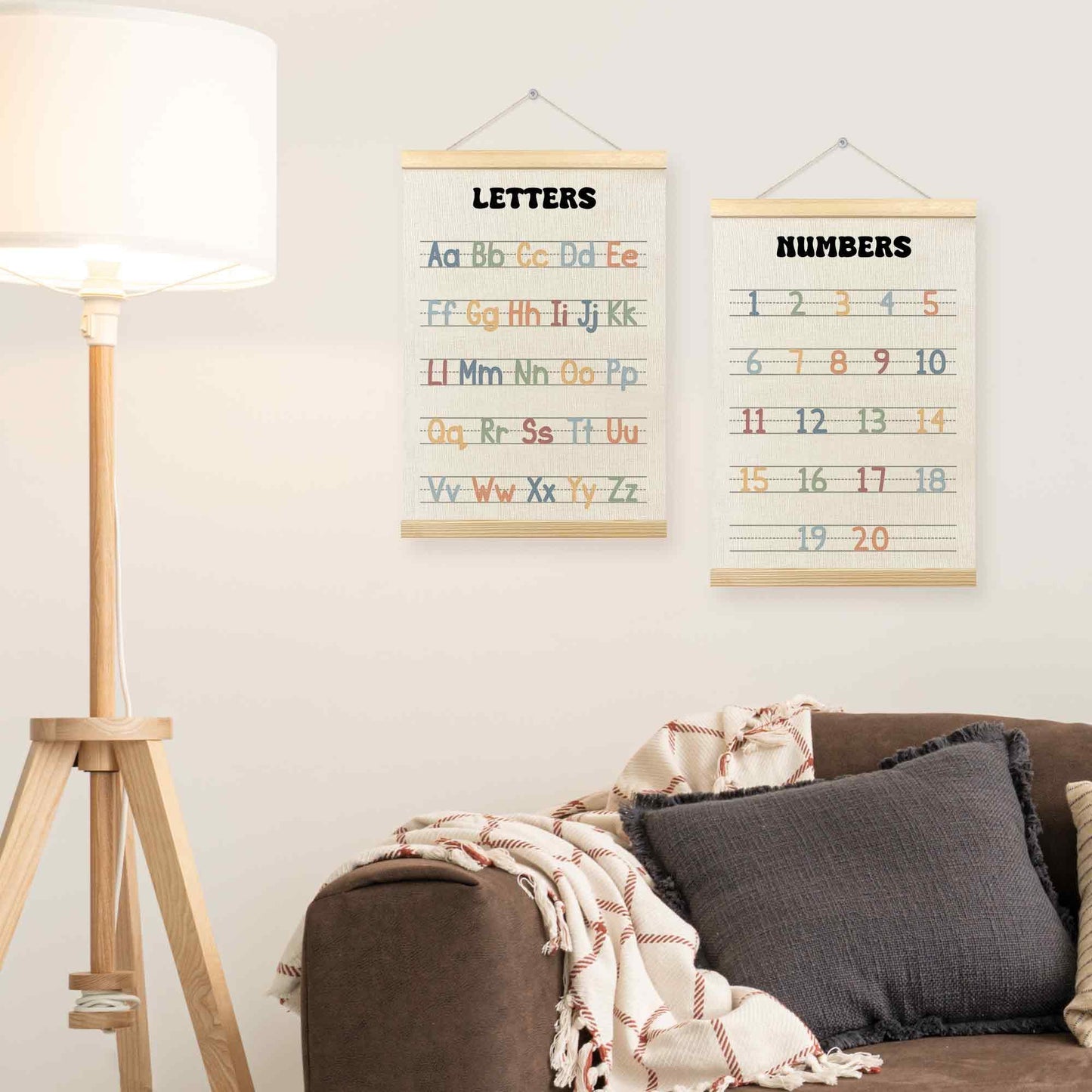 TLESKE Alphabet ABC Numbers Chart Poster Hanger Frame for Toddler Kid Classroom Set of 2, Homeschool Hanging Wall Art Decor for Nursery Playroom, Preschool Prek Learning Educational Poster, 12x16