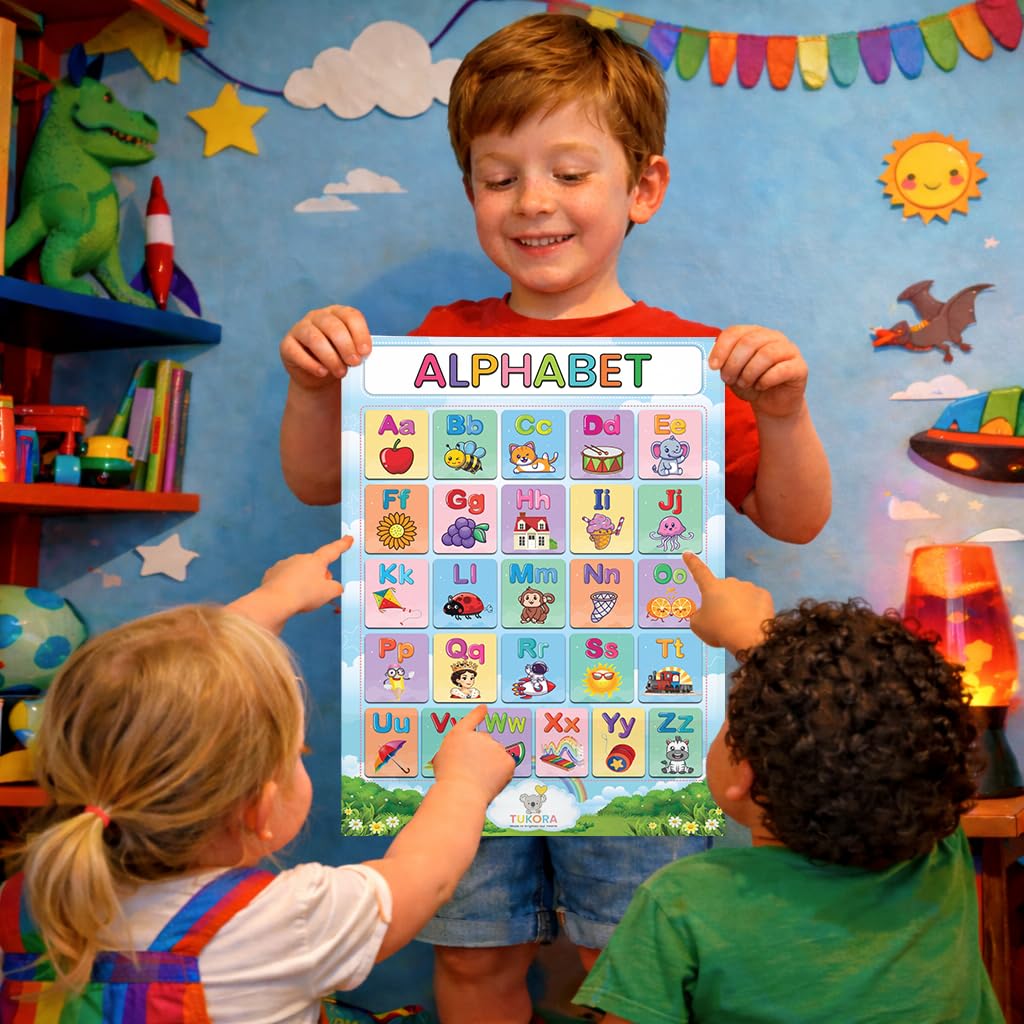 Tukora Alphabet Poster for Kids ABC Wall Chart with Uppercase and Lowercase Letters Colourful Educational Nursery Poster with Animals and Objects Preschool Classroom Learning Decor Premium UK Made