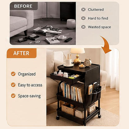 BLULEE 3-Tier Rolling Storage Cart with Pull-Out Drawer & Side Organizer | Heavy-Duty Carbon Steel Utility Cart with Lockable Wheels, Mobile Organizer Rack for Bathroom, Makeup, Nursery & Kitchen