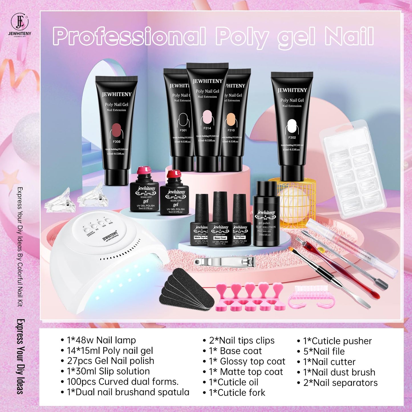 JEWHITENY Poly Extension Gel Nail Kit 14 PCS Poly Gel Kit with Slip Solution and Mini Lamp Nail Art Design Beginner