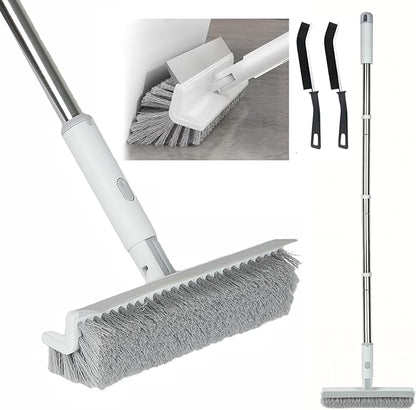 Floor Scrub Brush with Long Handle, 2 in 1 V-Shape Grout Brush with Squeegee +