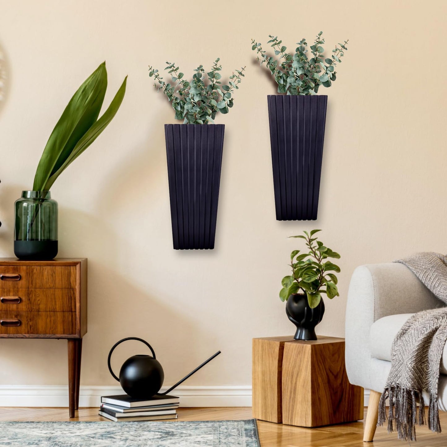 ZELURA 2PCS Wood Wall Planter for Indoor Plants, Wooden Hanging Planter for Dried Flowers and Artificial Greenery Plants,Wooden Pocket Vases,Modern Farmhouse Wood Wall Decor(Black)
