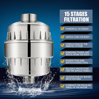 Shower Head and 15 Stage Shower Filter Combo, FEELSO High Pressure 5 Spray Filtered Showerhead with Water Softener Filters for Hard Water Remove Chlorine and Harmful Substances (Nickel Brushed)