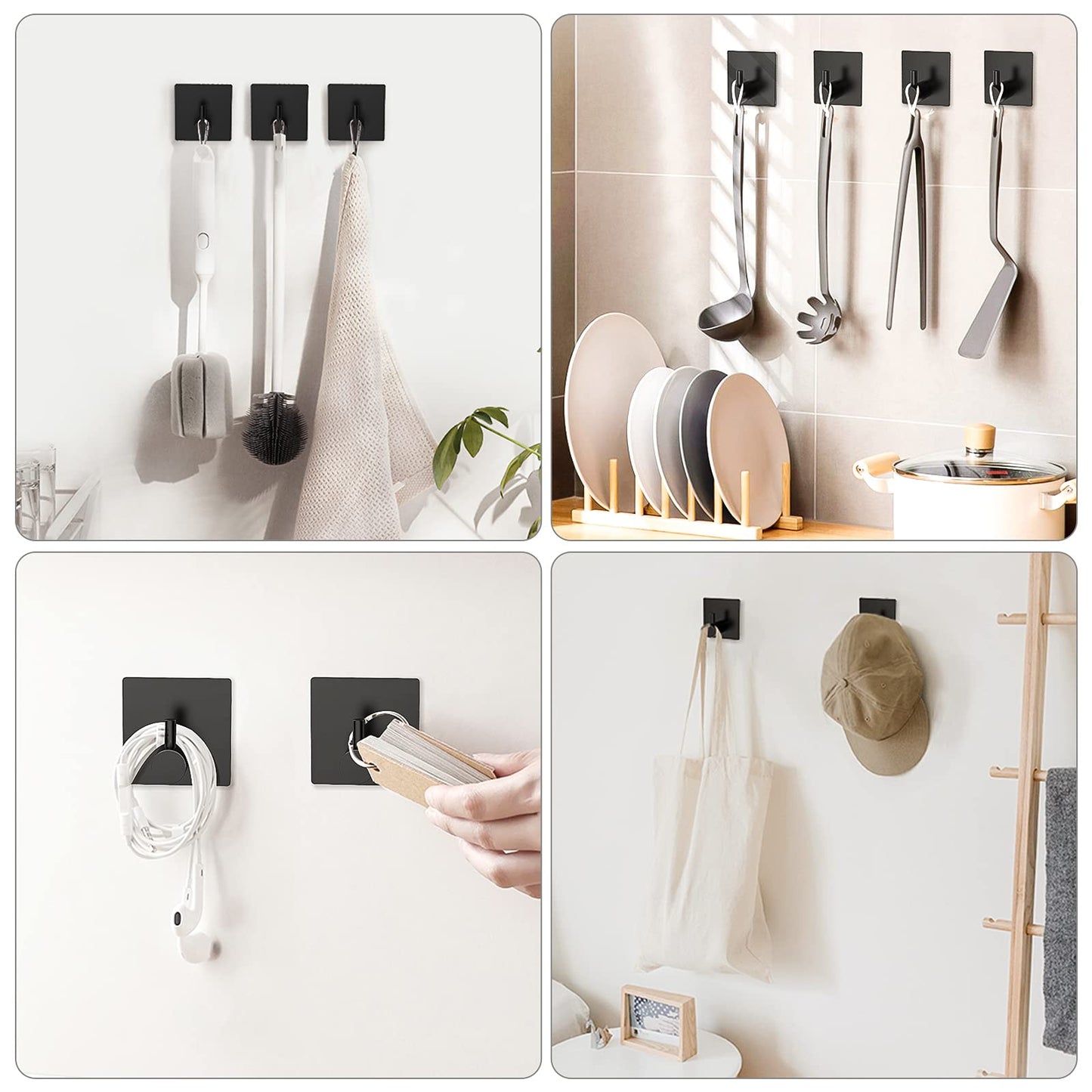 VIS'V Adhesive Towel Hooks, Waterproof Shower Wall Stick on Hooks, 2 Extra Adhesive Strips, Black, 4 Pcs