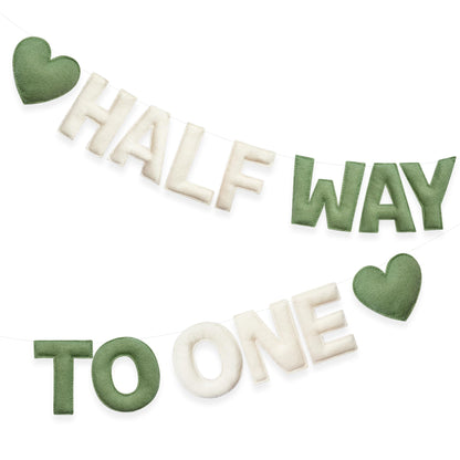 Sage Green Heart 1/2 Way to One Birthday Decoration Pre-Strung Handmade Felt Half Way To One Sign Banner for 6 Months Birthday Baby Boy Girl Neutral Decorations Party Nursery Home Wall Fireplace Decor