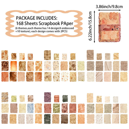 168PCS Textured Scrapbook Paper Kit 6 Themes Scrapbook Journaling Supplies Embossed Rice Decoupage Paper Mixed Media for Bullet Journaling, Junk Journal, Retro Crafts